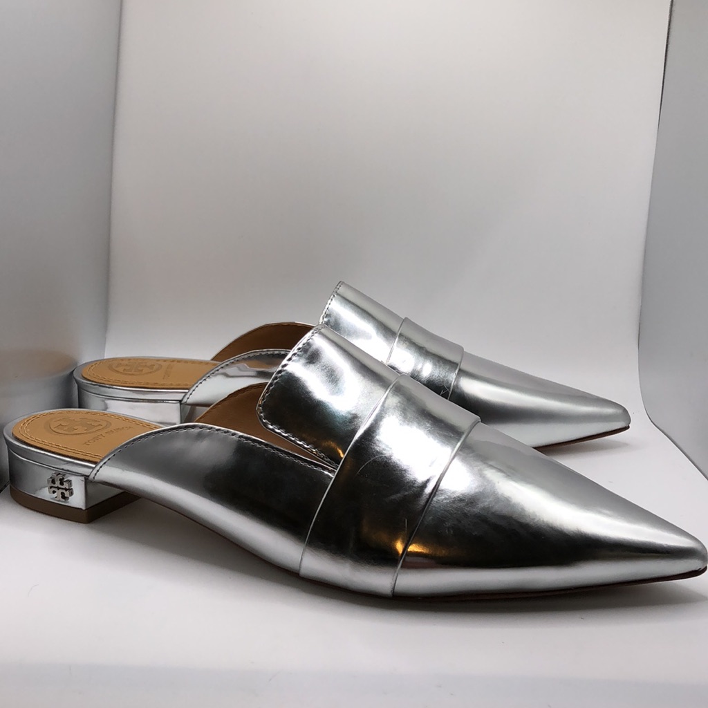 Tory Burch Rosalind Mules Flats Mirror Silver Pointed Toe Leather Womens 8